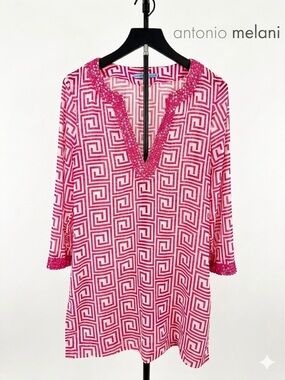 ANTONIO MELANI Pink Geometric V-Neck Tunic with Embellished Trim
